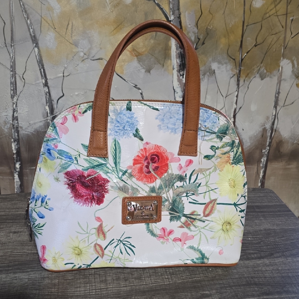 Valentina Floral White and Tan Shoulder Bag